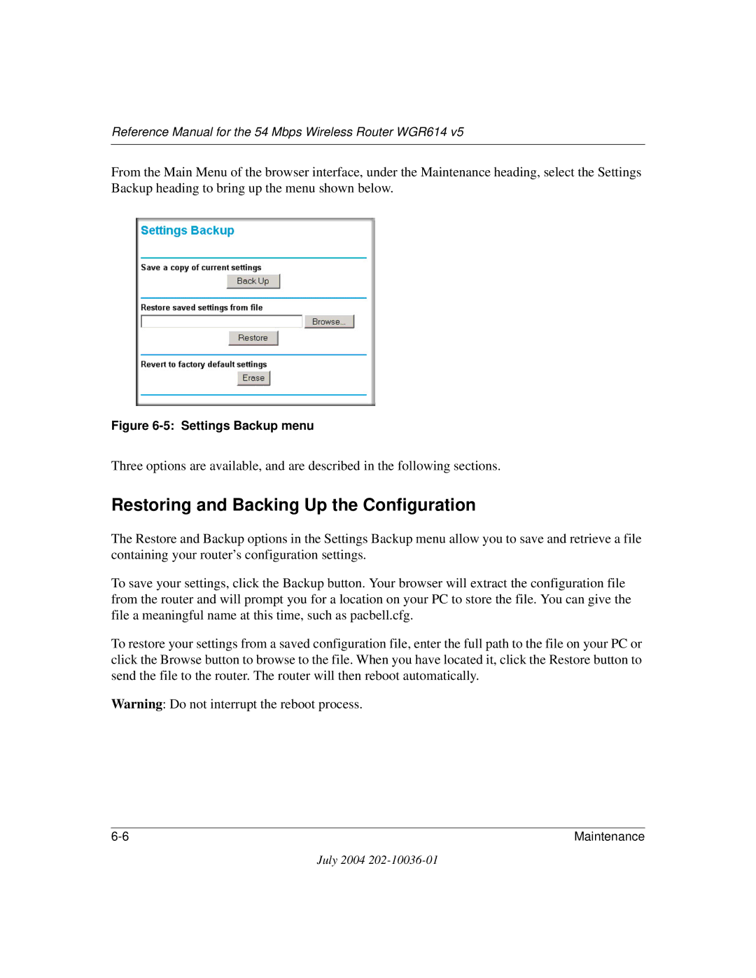 NETGEAR WGR614 v5 manual Restoring and Backing Up the Configuration, Settings Backup menu 