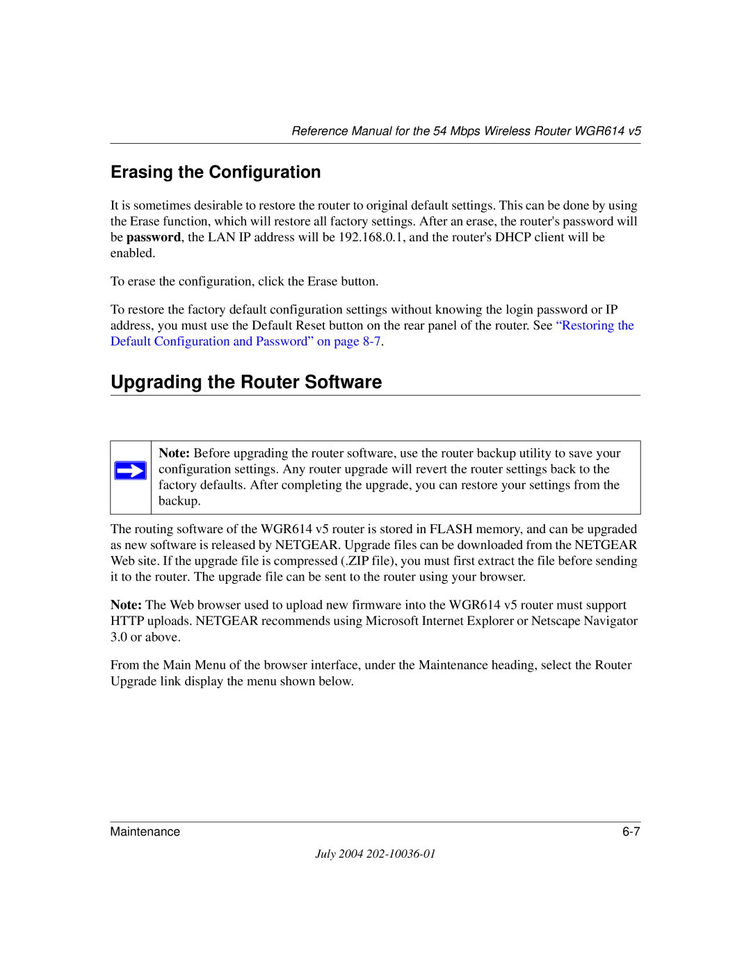 NETGEAR WGR614 v5 manual Upgrading the Router Software, Erasing the Configuration 