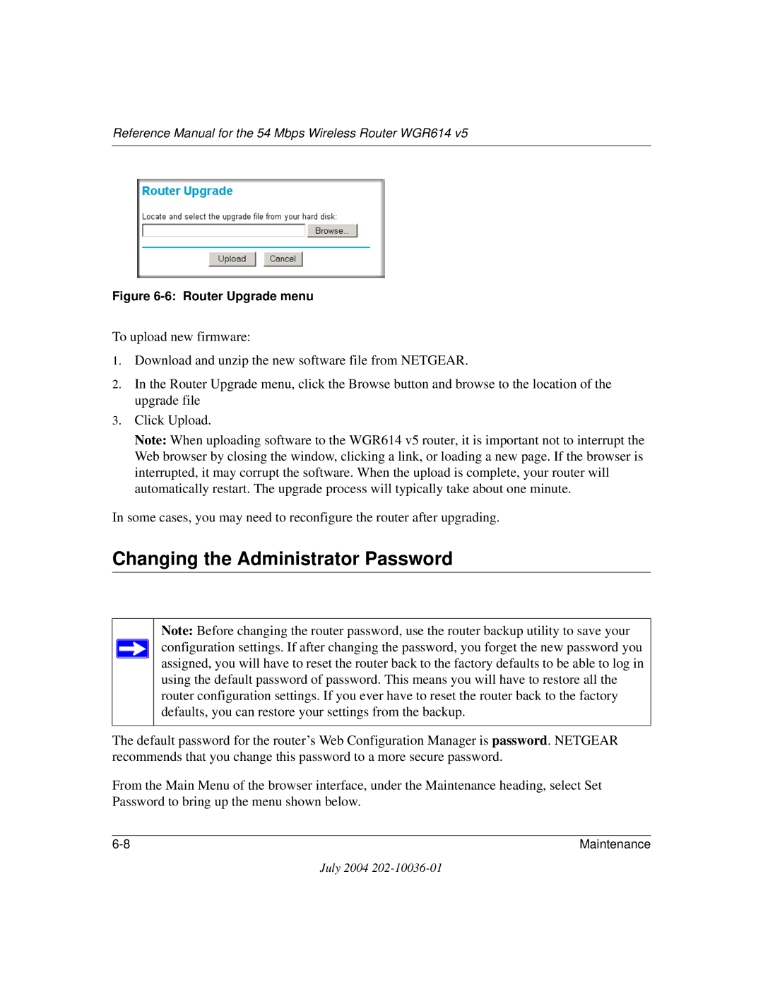 NETGEAR WGR614 v5 manual Changing the Administrator Password, Router Upgrade menu 