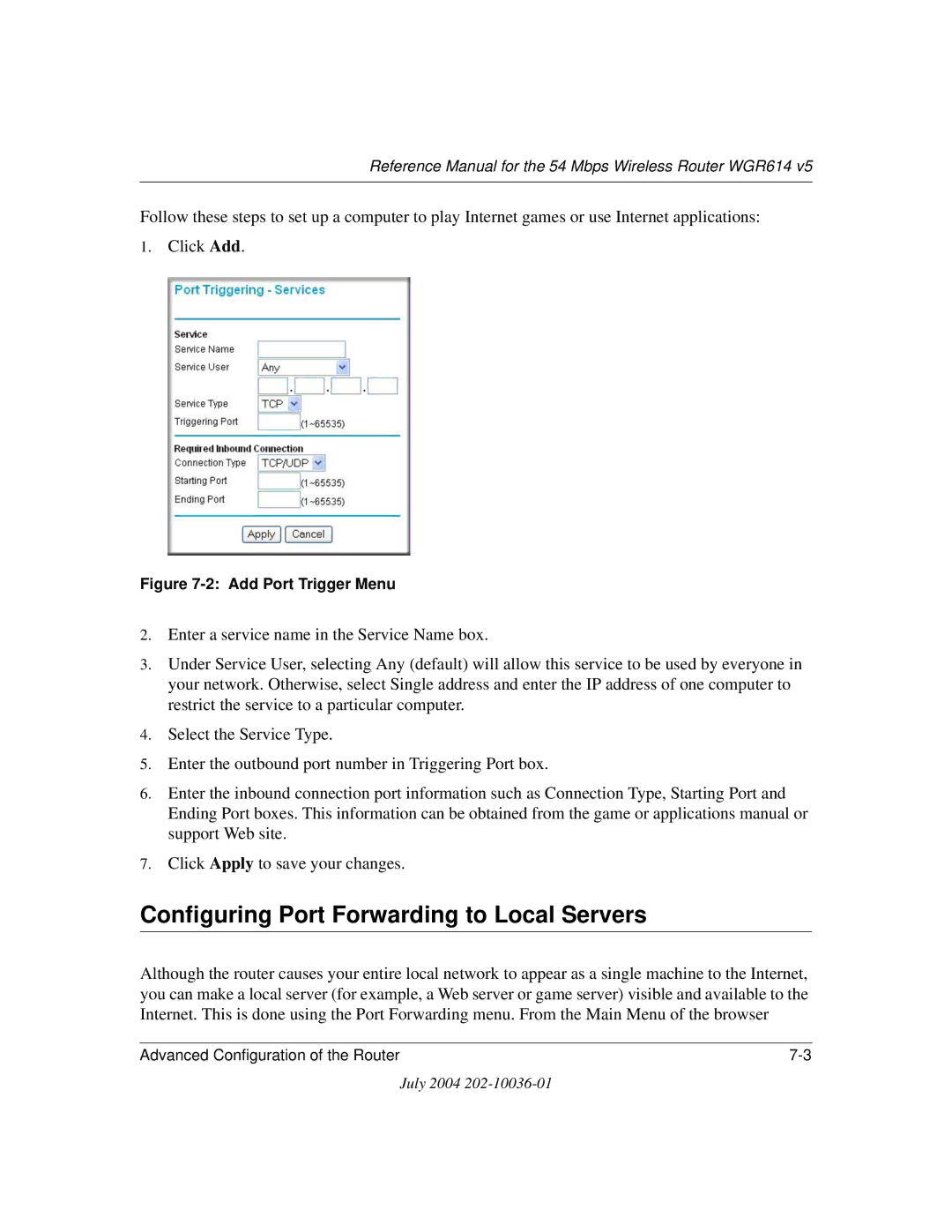 NETGEAR WGR614 v5 manual Configuring Port Forwarding to Local Servers, Add Port Trigger Menu 