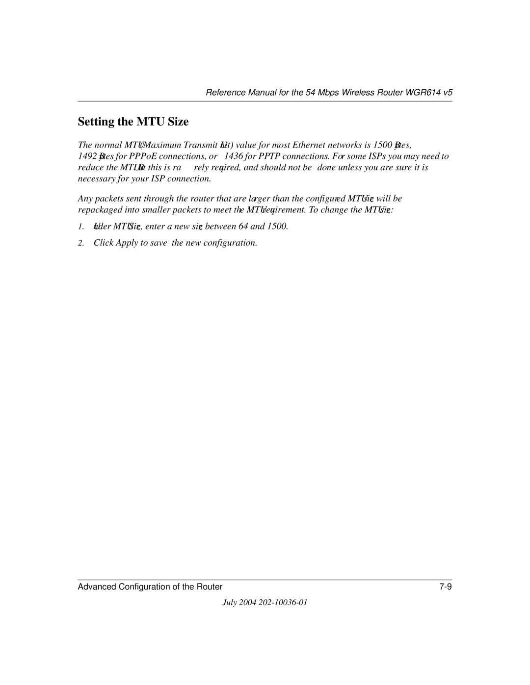 NETGEAR WGR614 v5 manual Setting the MTU Size 