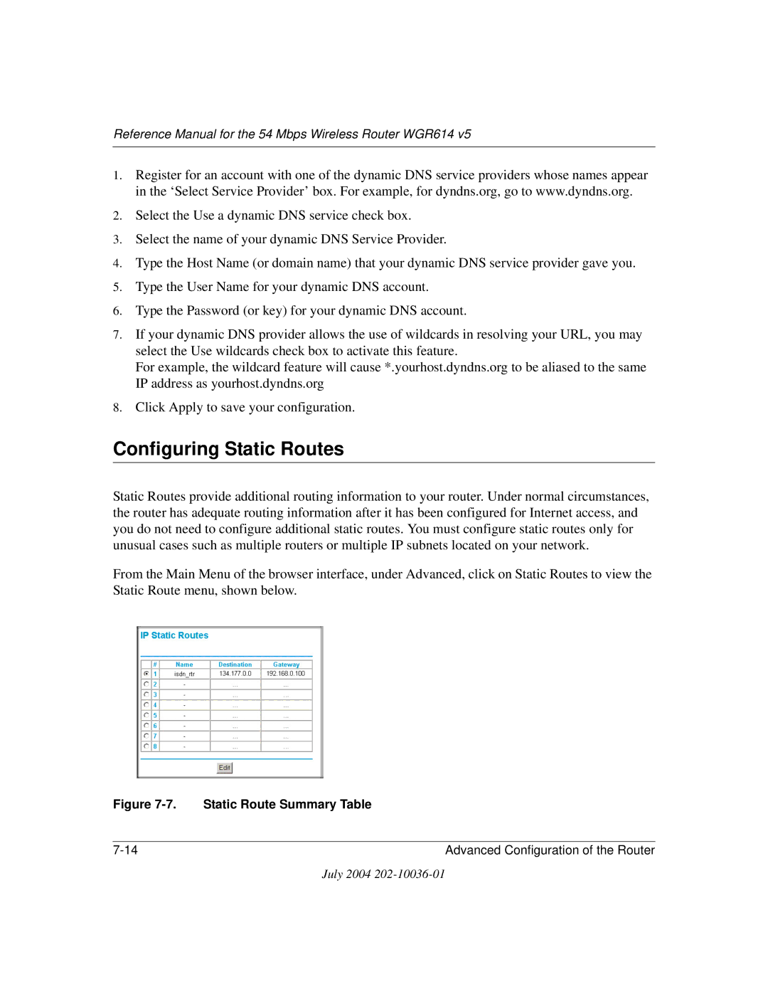 NETGEAR WGR614 v5 manual Configuring Static Routes, Static Route Summary Table 