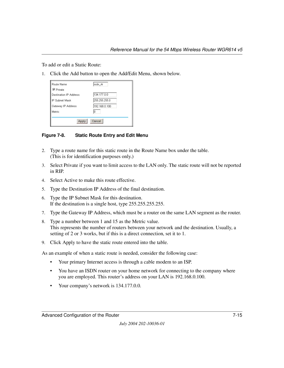 NETGEAR WGR614 v5 manual Static Route Entry and Edit Menu 