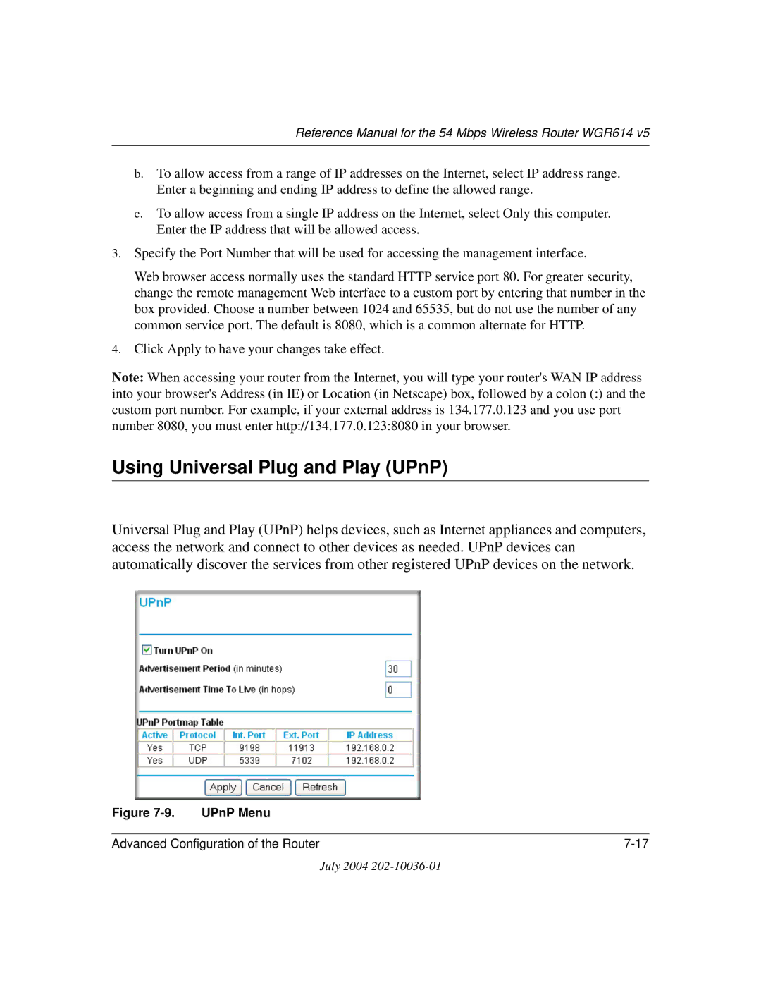 NETGEAR WGR614 v5 manual Using Universal Plug and Play UPnP, UPnP Menu Advanced Configuration of the Router 