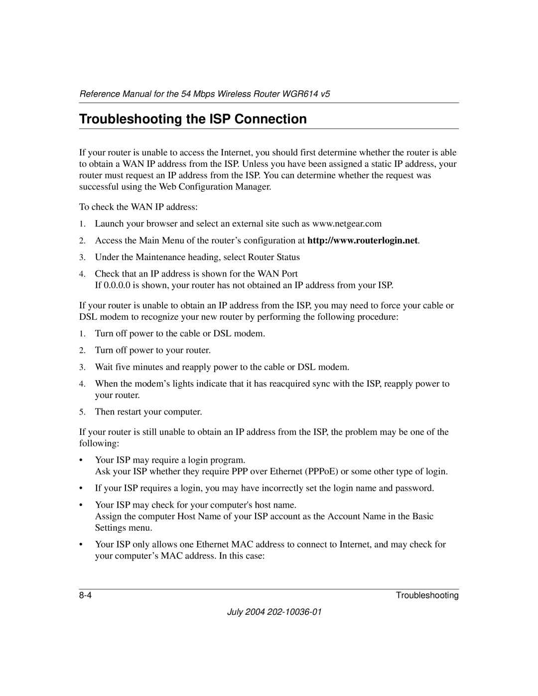 NETGEAR WGR614 v5 manual Troubleshooting the ISP Connection 