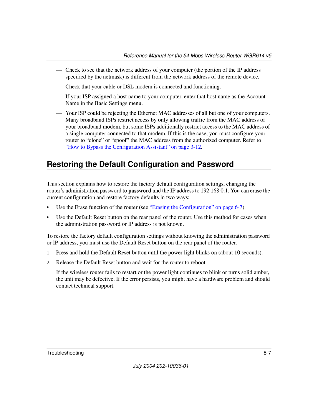 NETGEAR WGR614 v5 manual Restoring the Default Configuration and Password 