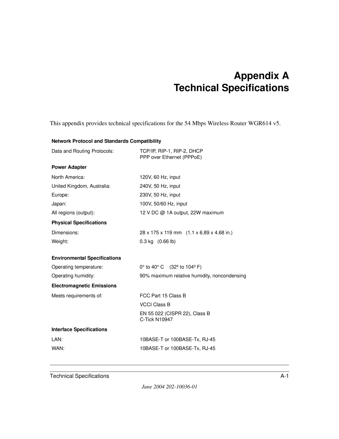 NETGEAR WGR614 v5 manual Appendix a Technical Specifications, Power Adapter 