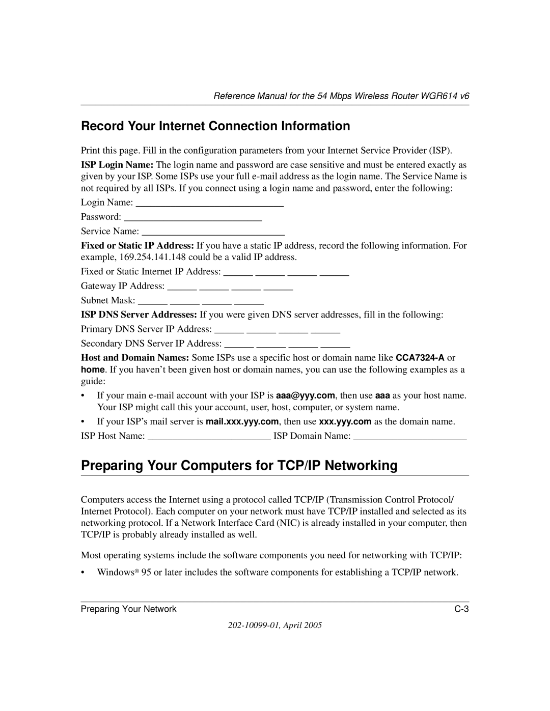 NETGEAR WGR614 v6 manual Preparing Your Computers for TCP/IP Networking, Record Your Internet Connection Information 