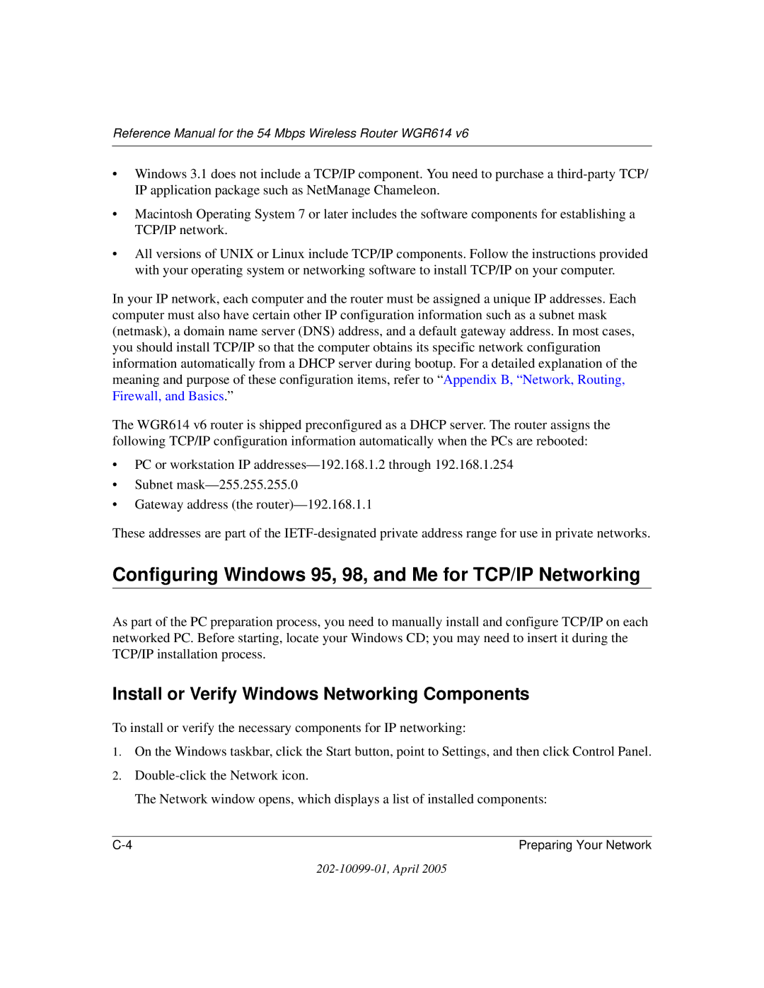 NETGEAR WGR614 v6 manual Configuring Windows 95, 98, and Me for TCP/IP Networking 