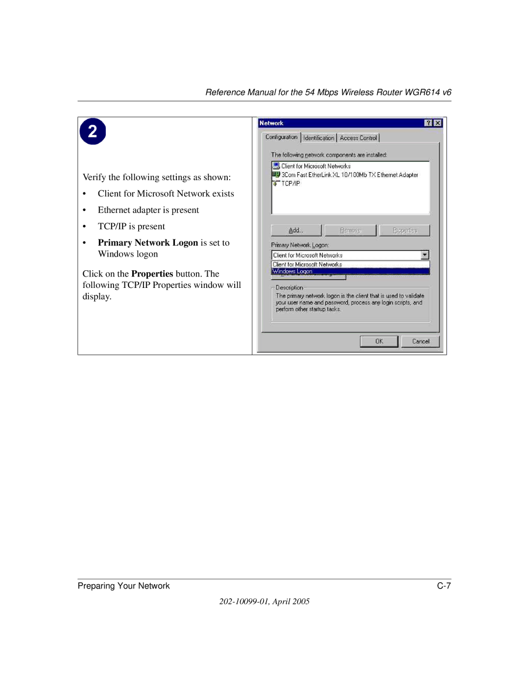 NETGEAR WGR614 v6 manual Primary Network Logon is set to Windows logon 