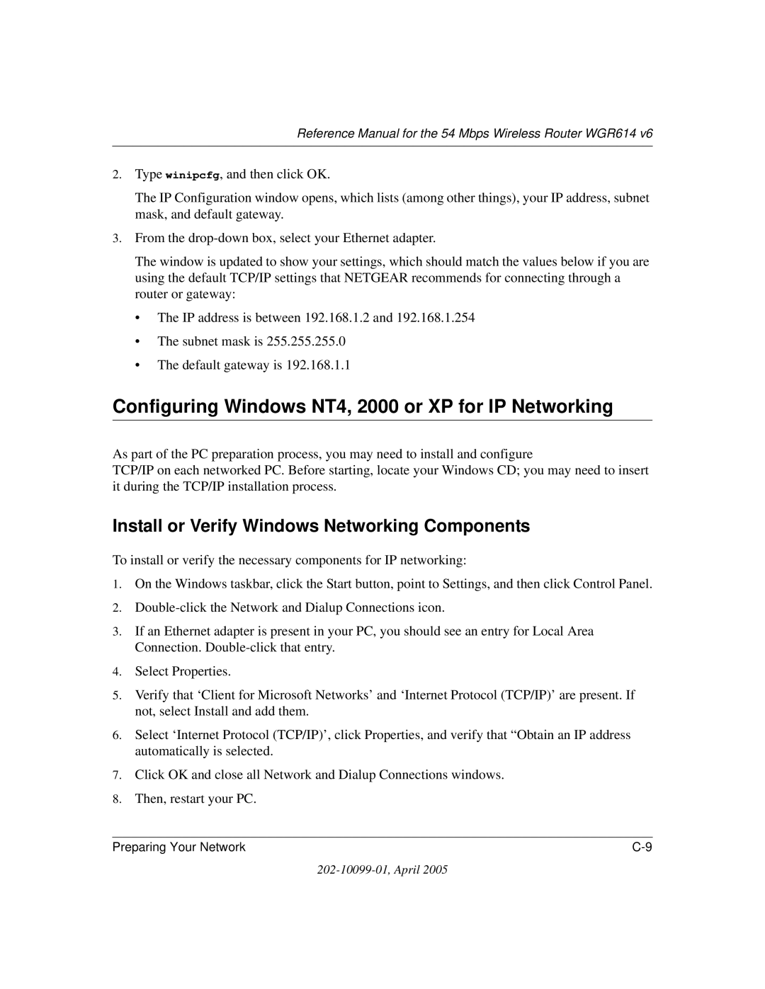 NETGEAR WGR614 v6 Configuring Windows NT4, 2000 or XP for IP Networking, Install or Verify Windows Networking Components 