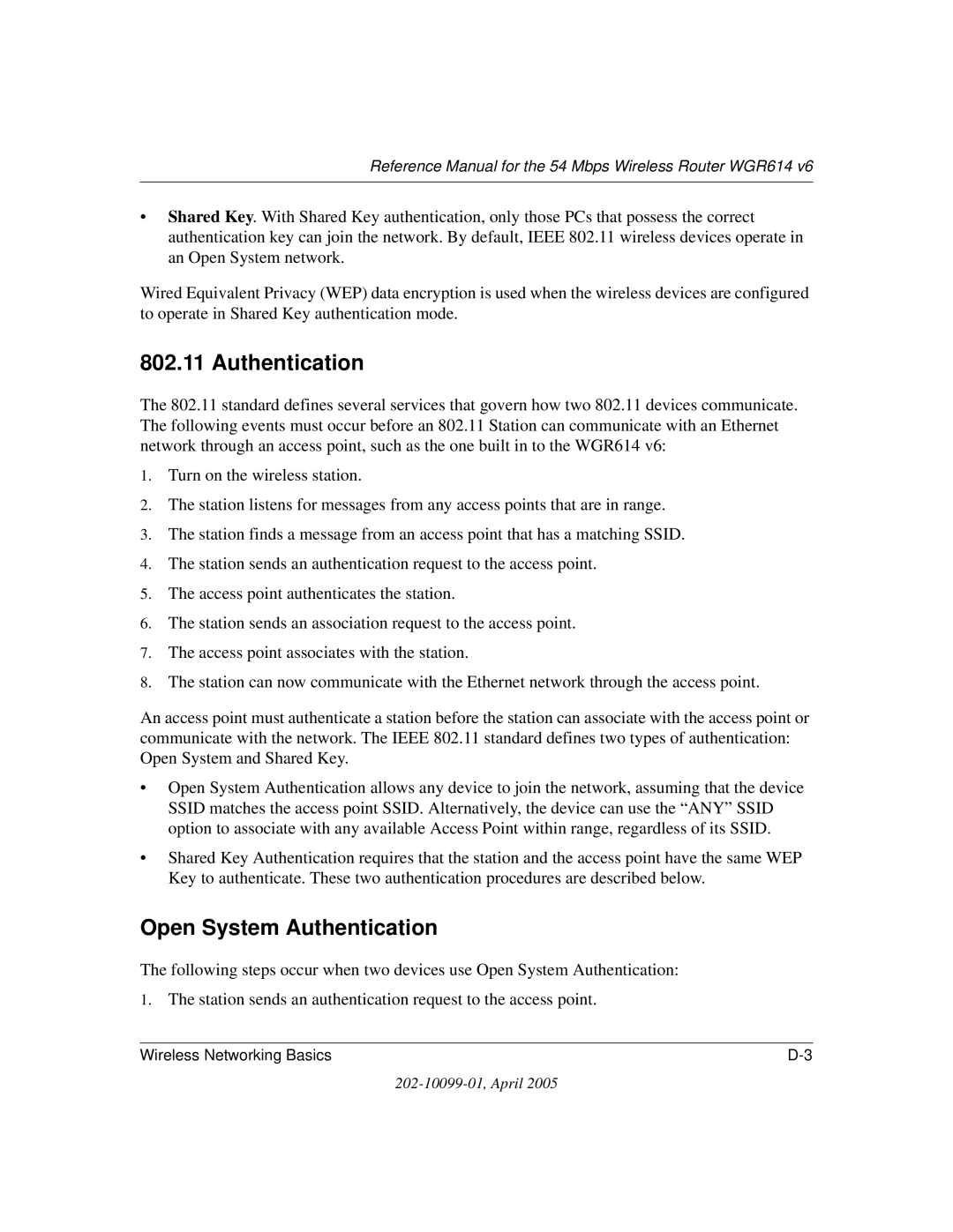 NETGEAR WGR614 v6 manual Open System Authentication 