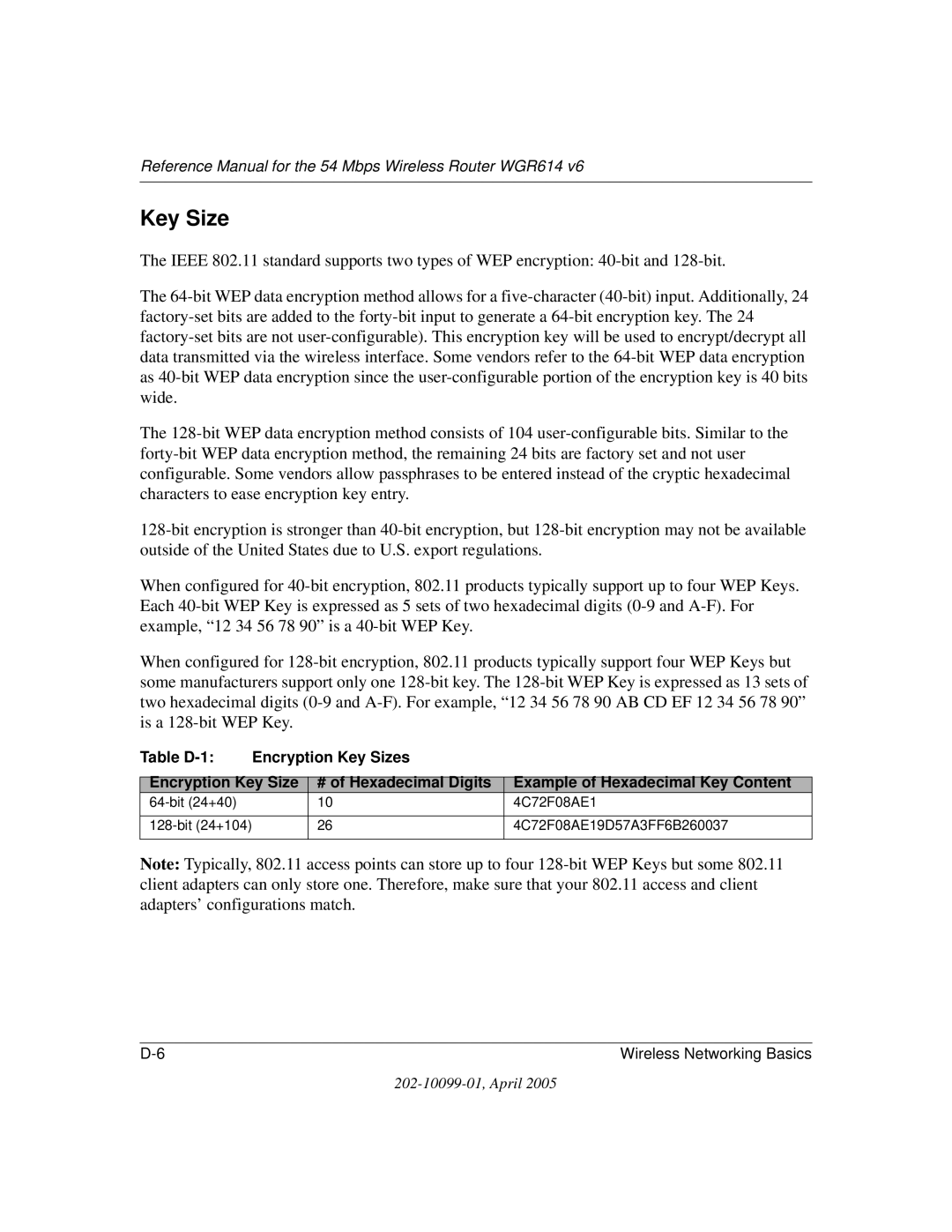 NETGEAR WGR614 v6 manual Key Size 