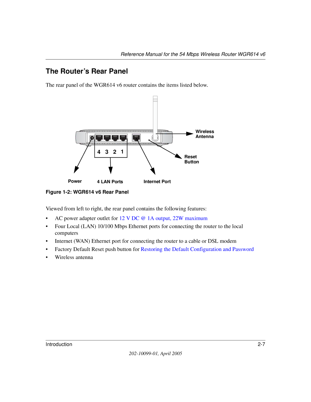 NETGEAR WGR614 v6 manual Router’s Rear Panel, Wireless antenna 