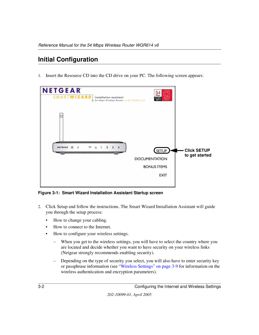 NETGEAR WGR614 v6 manual Initial Configuration, Smart Wizard Installation Assistant Startup screen 