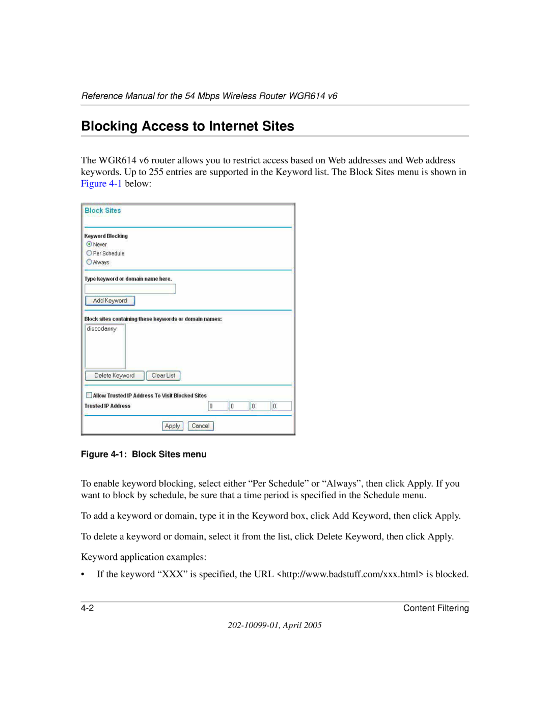 NETGEAR WGR614 v6 manual Blocking Access to Internet Sites, Block Sites menu 