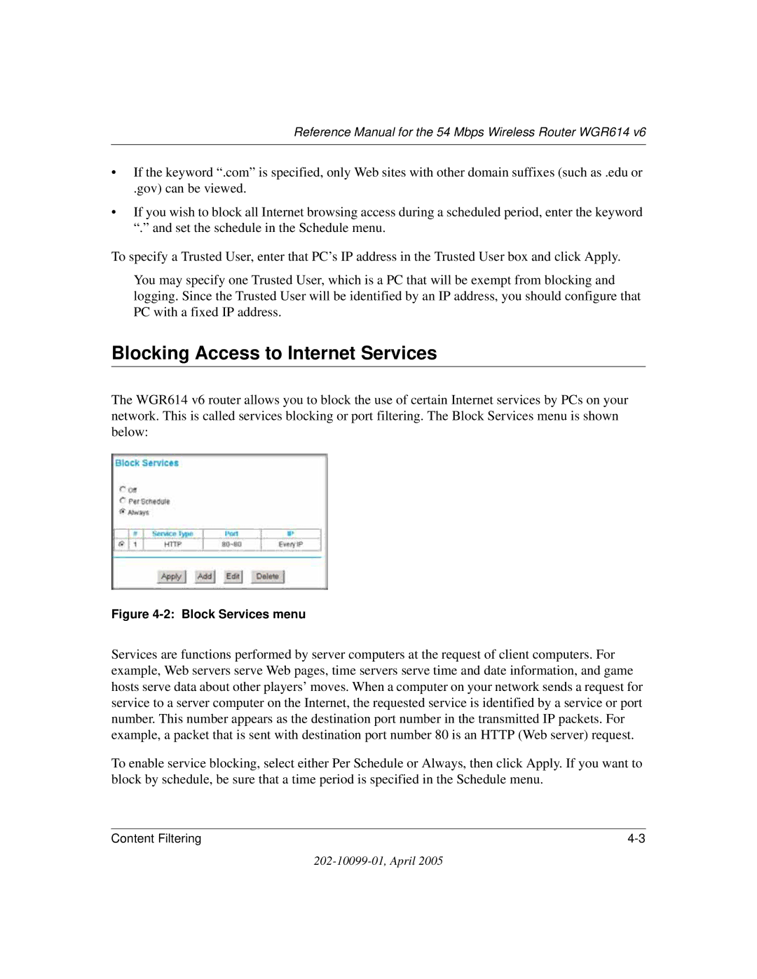 NETGEAR WGR614 v6 manual Blocking Access to Internet Services, Block Services menu 