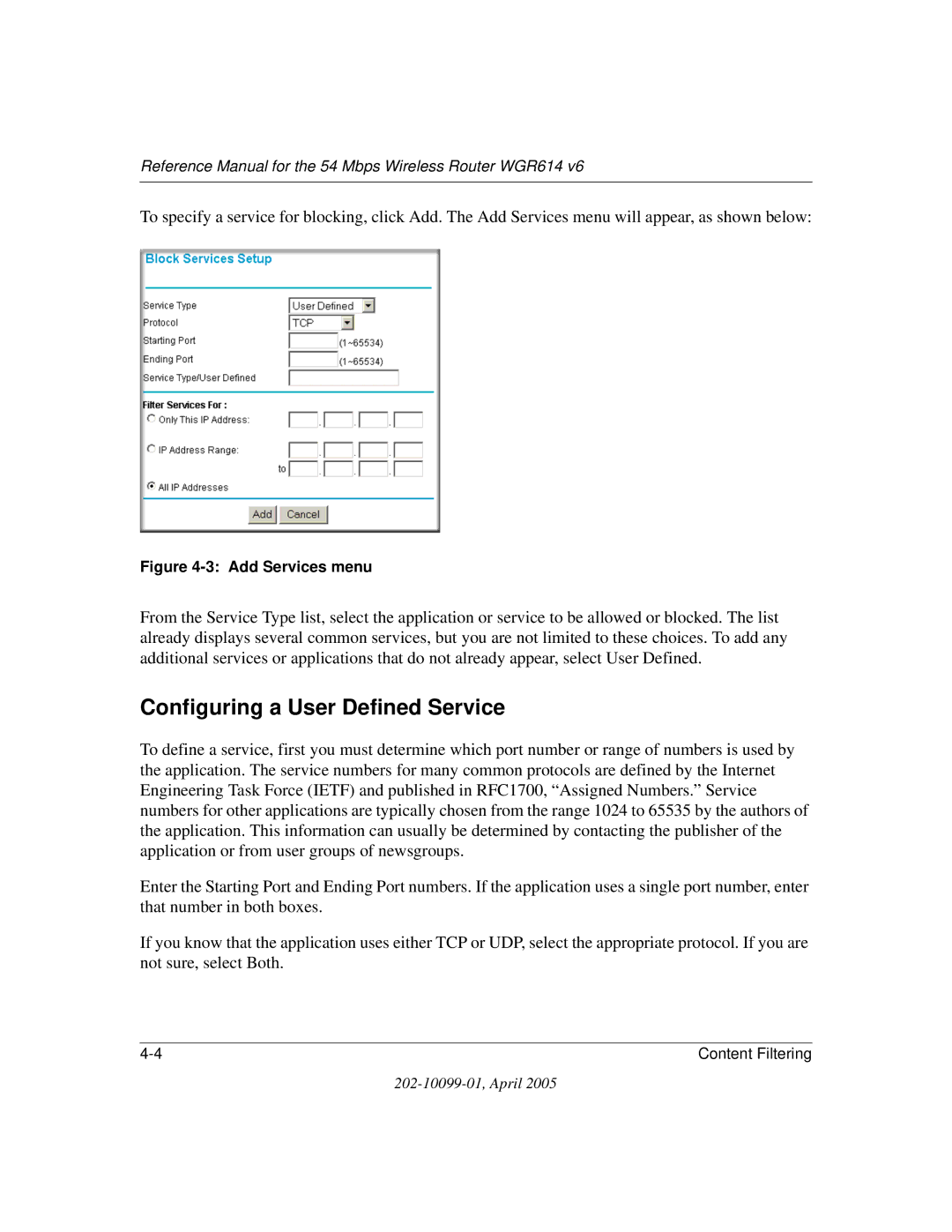 NETGEAR WGR614 v6 manual Configuring a User Defined Service, Add Services menu 