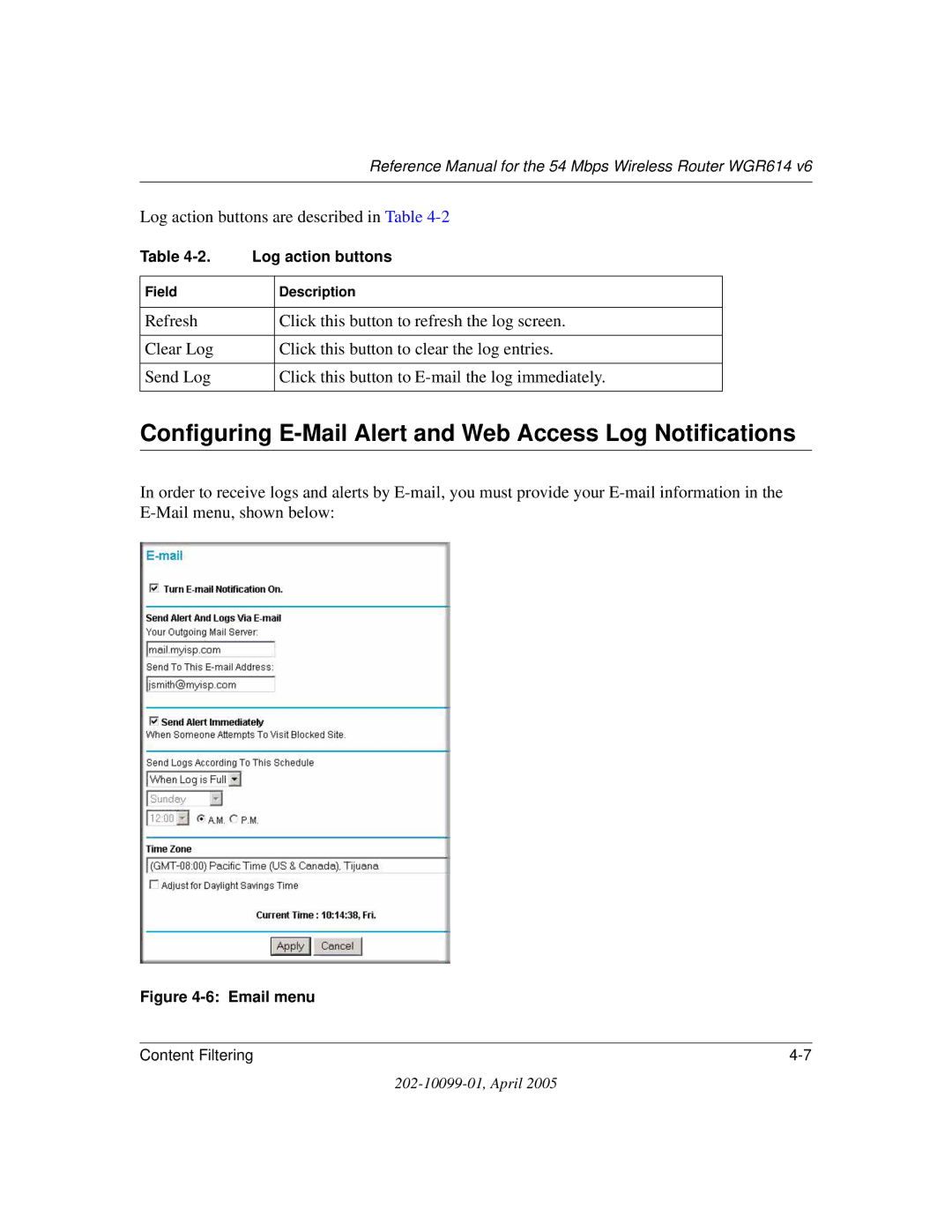 NETGEAR WGR614 v6 manual Configuring E-Mail Alert and Web Access Log Notifications, Email menu 