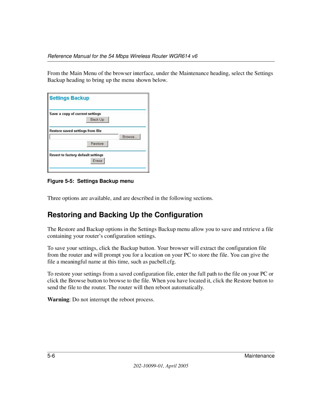 NETGEAR WGR614 v6 manual Restoring and Backing Up the Configuration, Settings Backup menu 