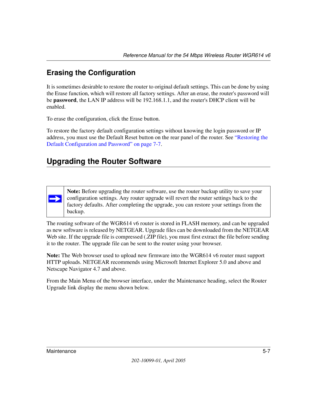 NETGEAR WGR614 v6 manual Upgrading the Router Software, Erasing the Configuration 