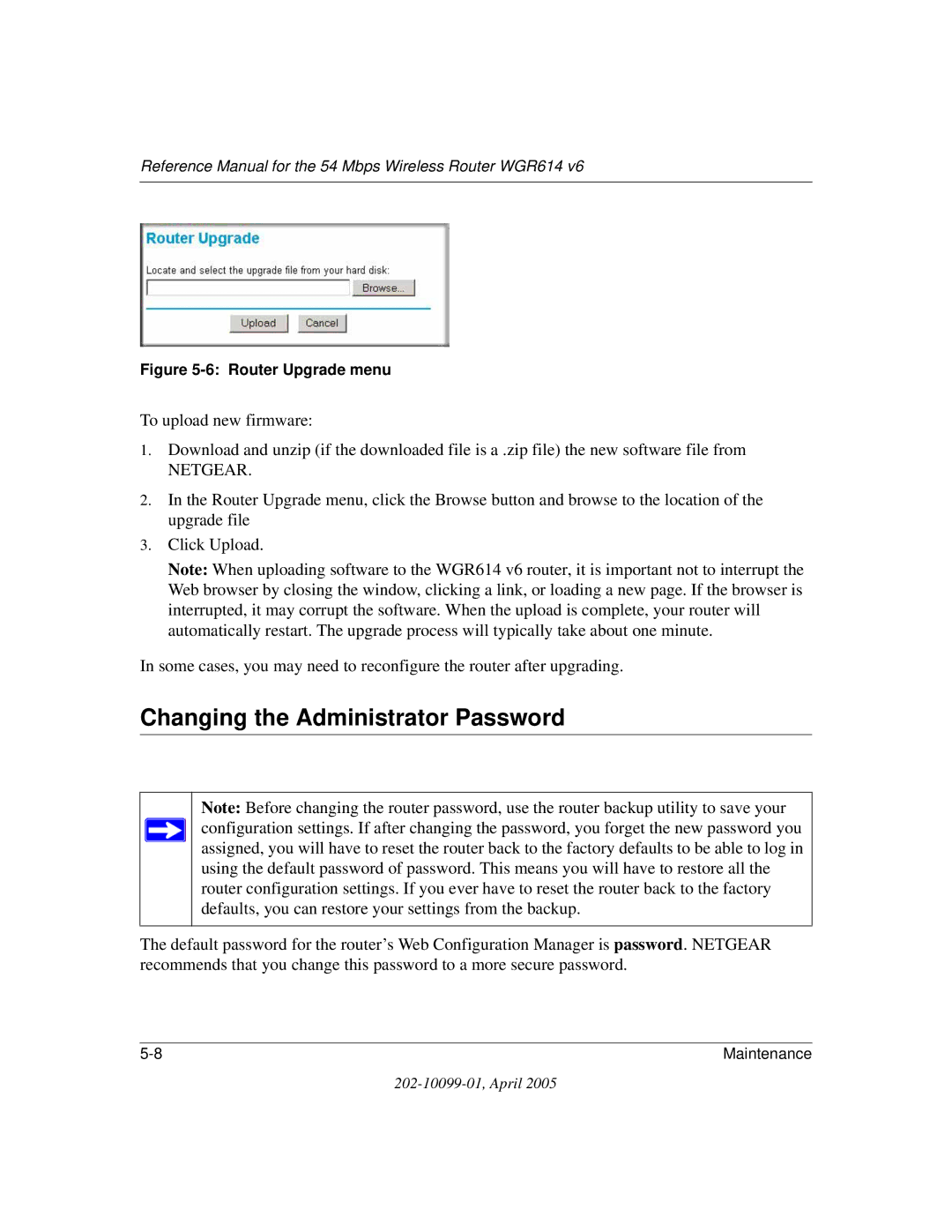 NETGEAR WGR614 v6 manual Changing the Administrator Password, Netgear 