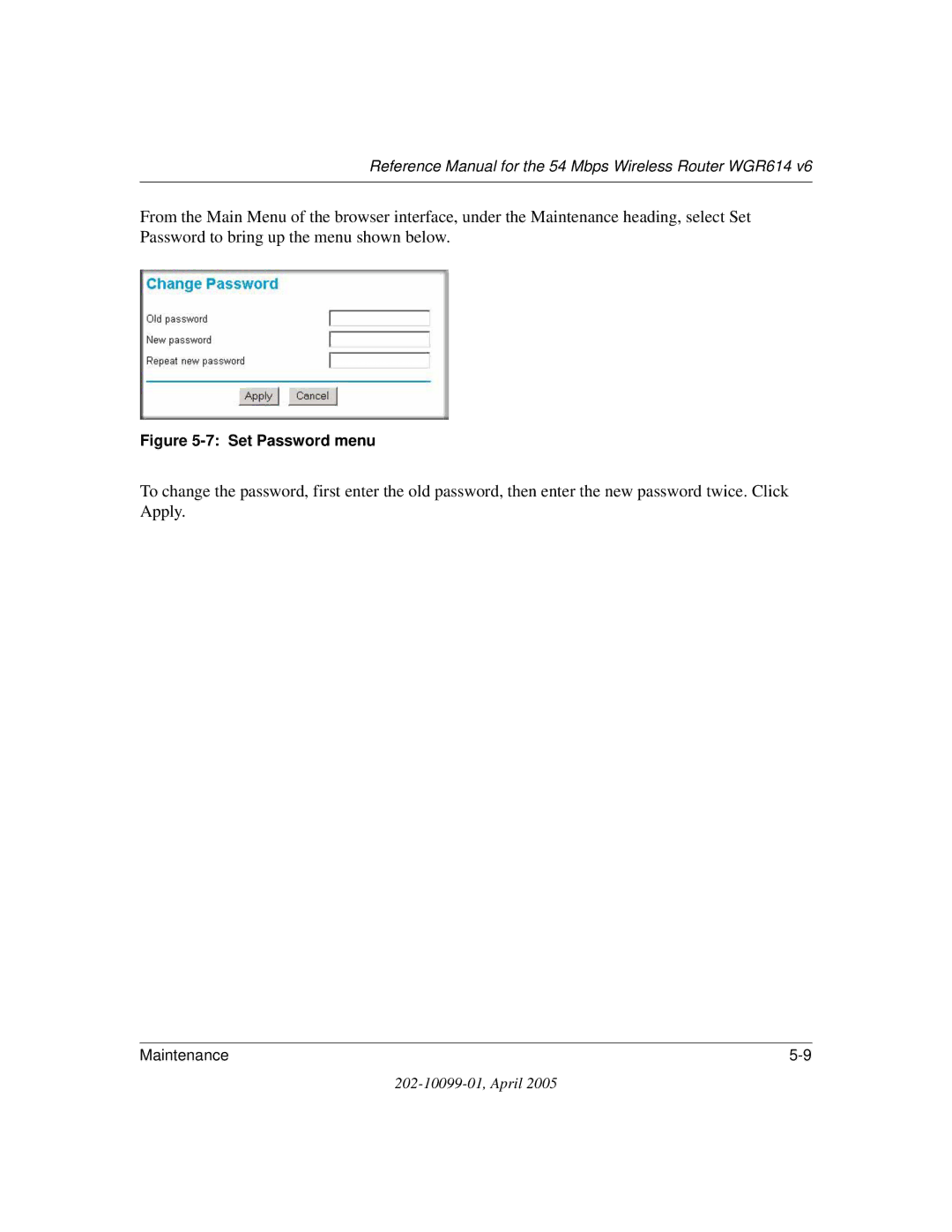 NETGEAR WGR614 v6 manual Set Password menu 