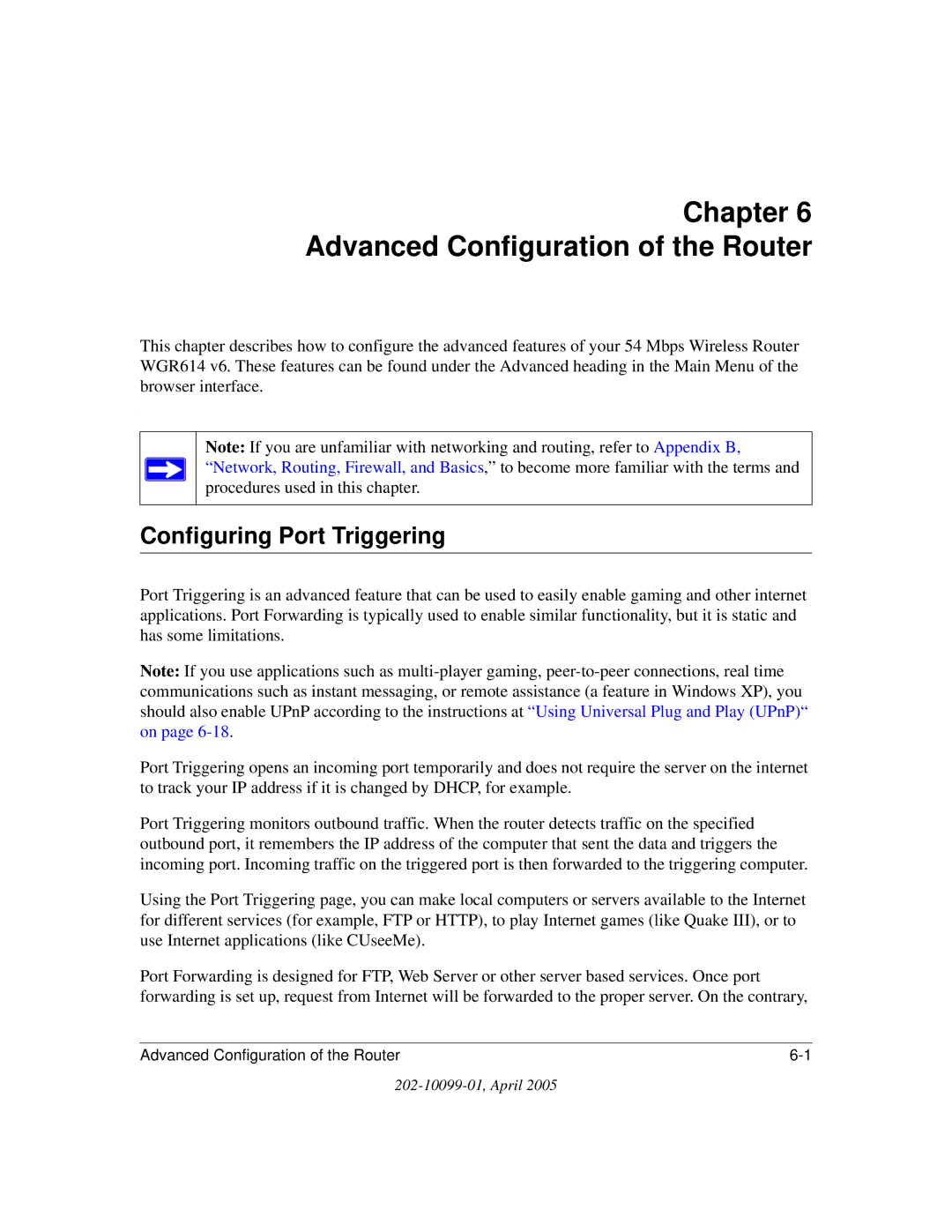 NETGEAR WGR614 v6 manual Advanced Configuration of the Router, Configuring Port Triggering 