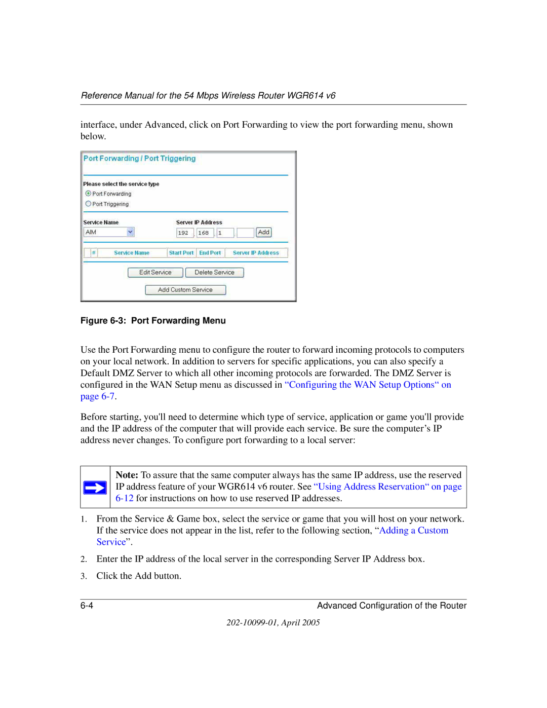 NETGEAR WGR614 v6 manual Port Forwarding Menu 