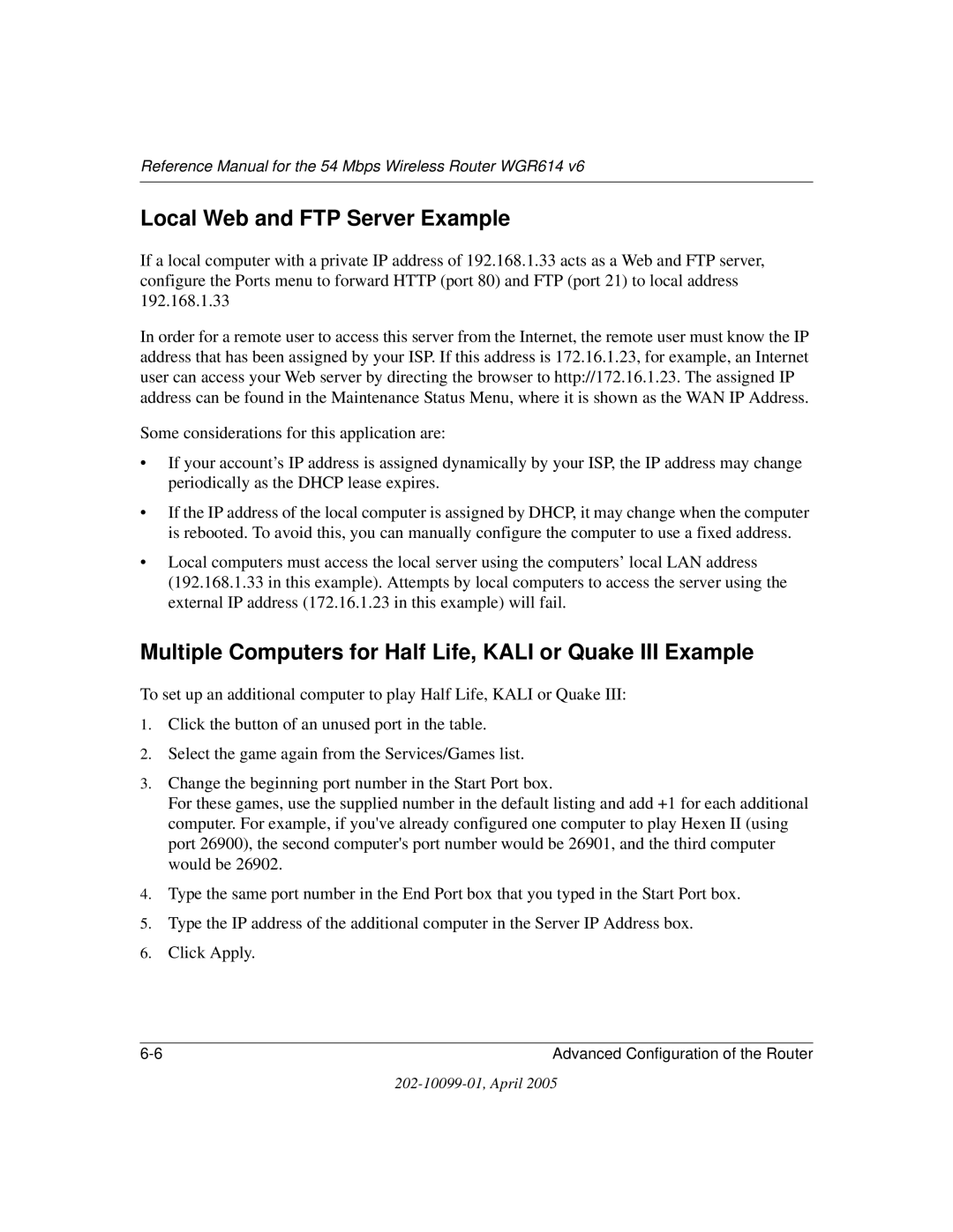 NETGEAR WGR614 v6 manual Local Web and FTP Server Example, Multiple Computers for Half Life, Kali or Quake III Example 