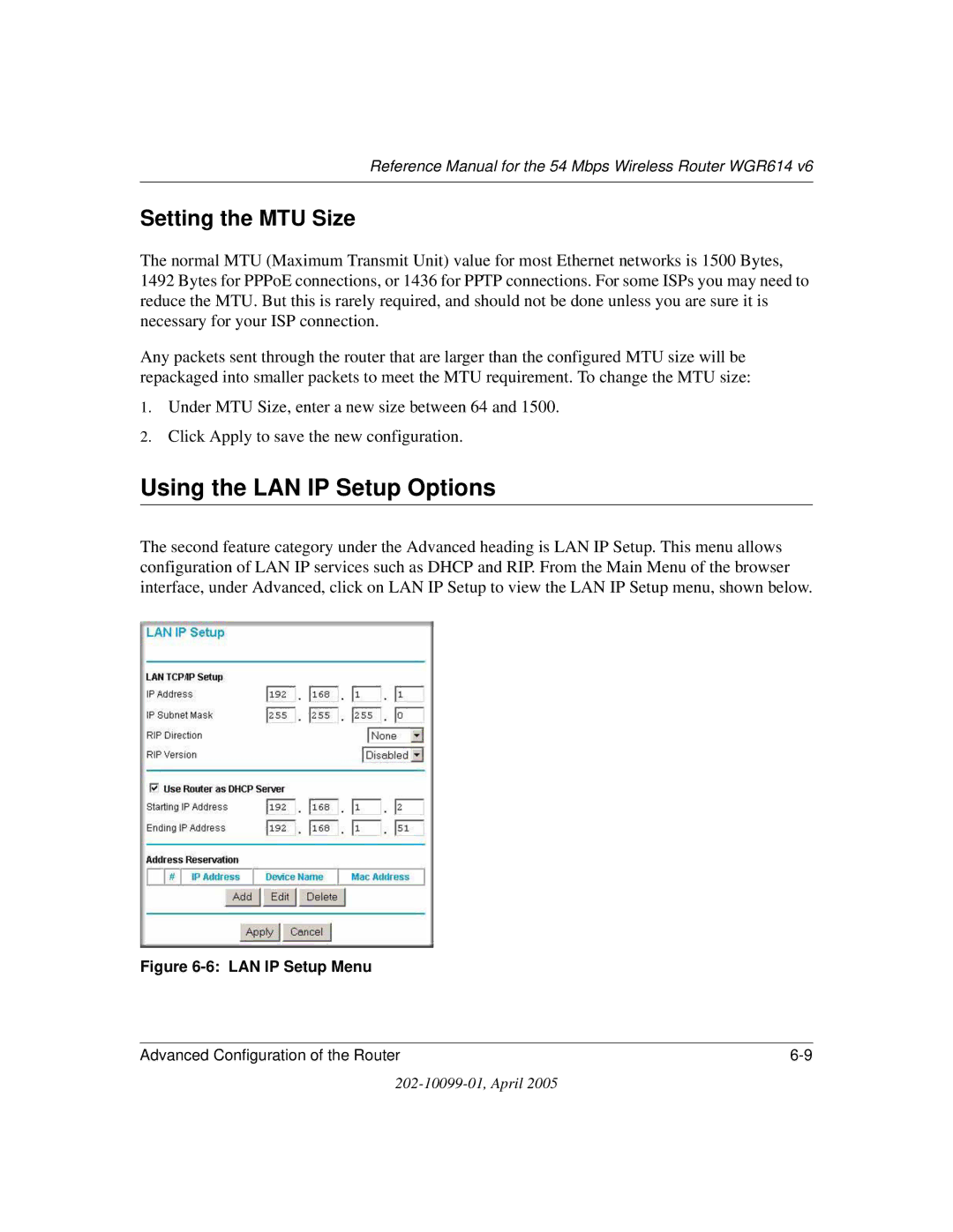 NETGEAR WGR614 v6 manual Using the LAN IP Setup Options, Setting the MTU Size 