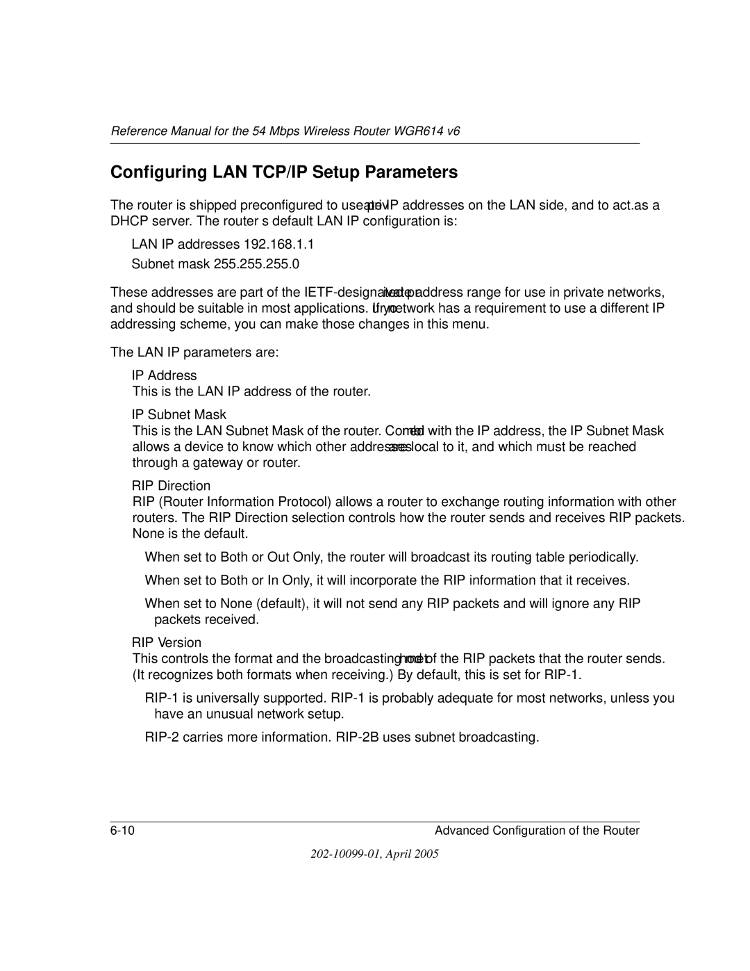 NETGEAR WGR614 v6 manual Configuring LAN TCP/IP Setup Parameters 