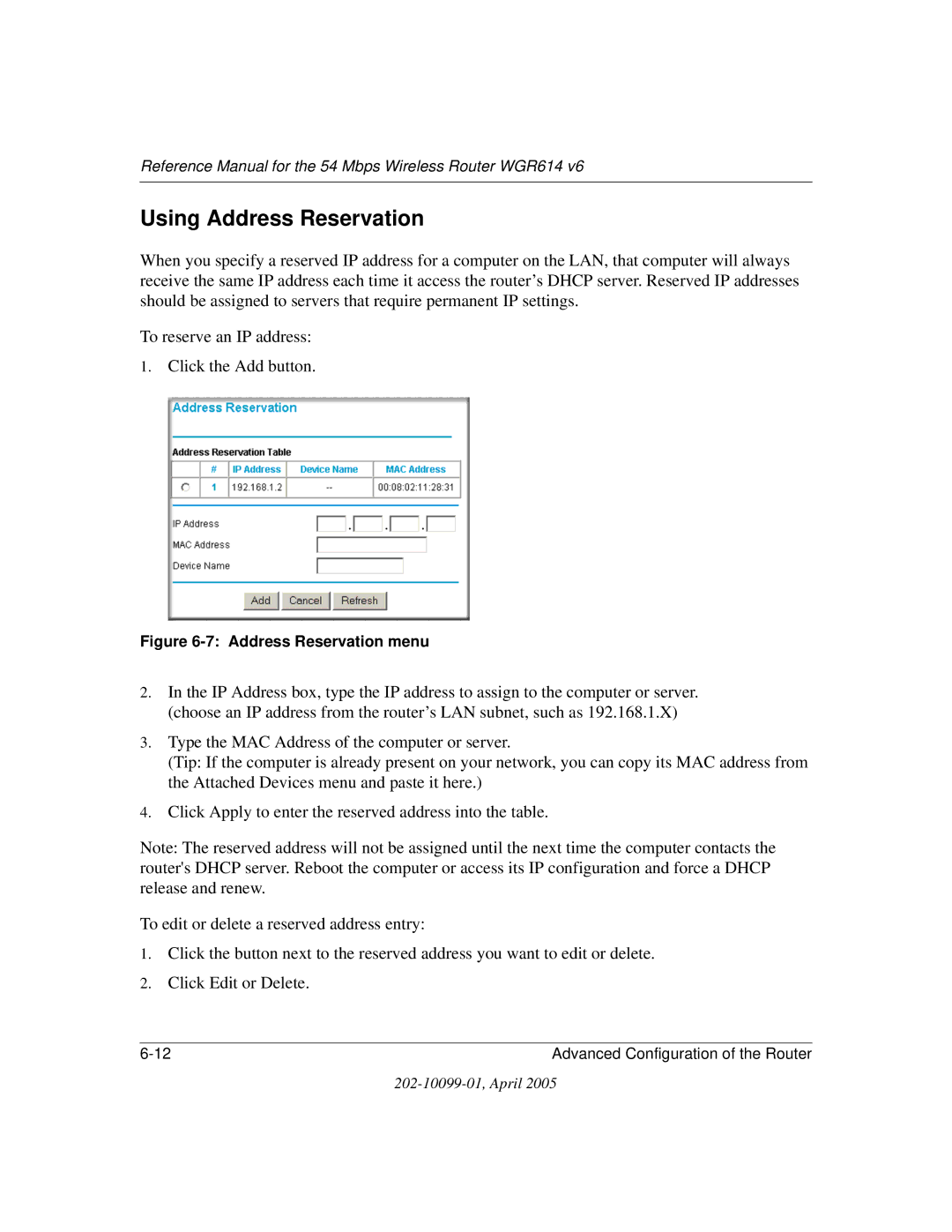 NETGEAR WGR614 v6 manual Using Address Reservation, Address Reservation menu 