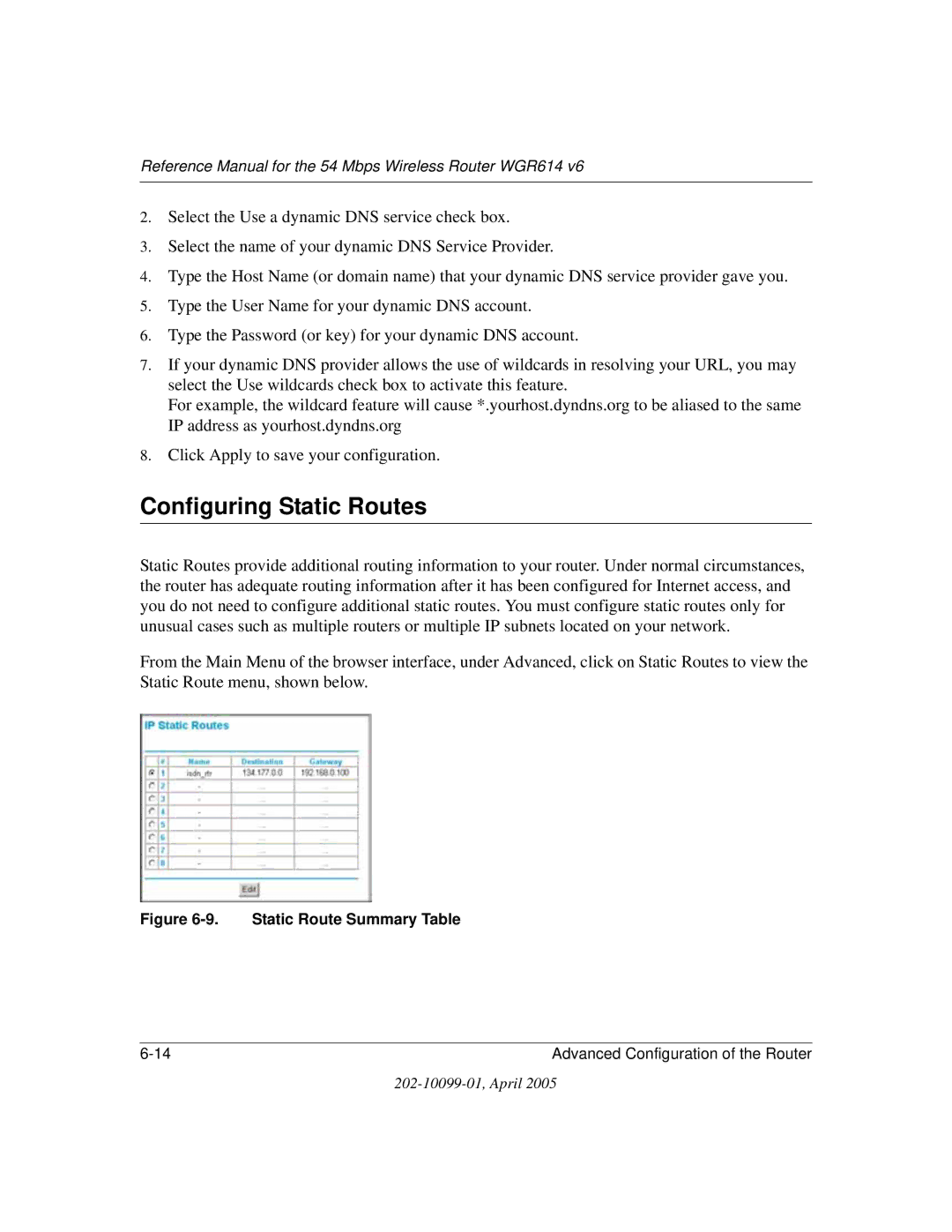 NETGEAR WGR614 v6 manual Configuring Static Routes, Static Route Summary Table 