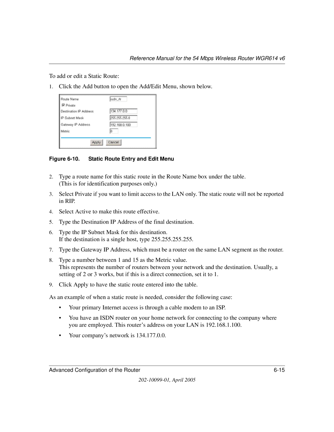 NETGEAR WGR614 v6 manual Static Route Entry and Edit Menu 