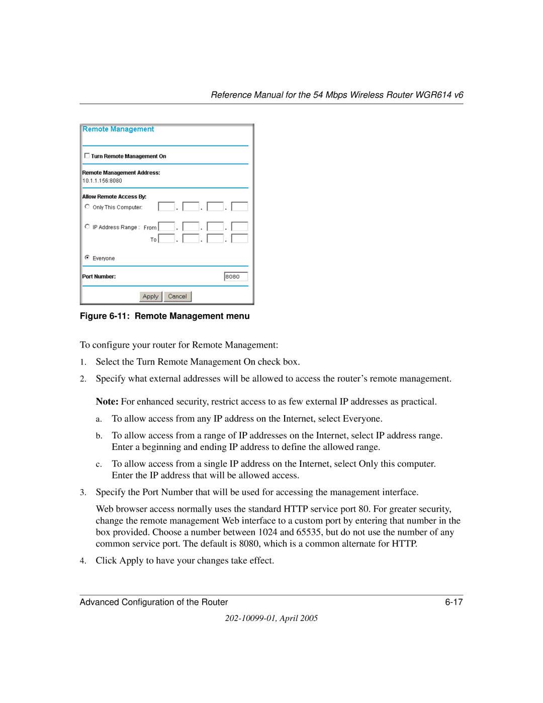 NETGEAR WGR614 v6 manual Remote Management menu 