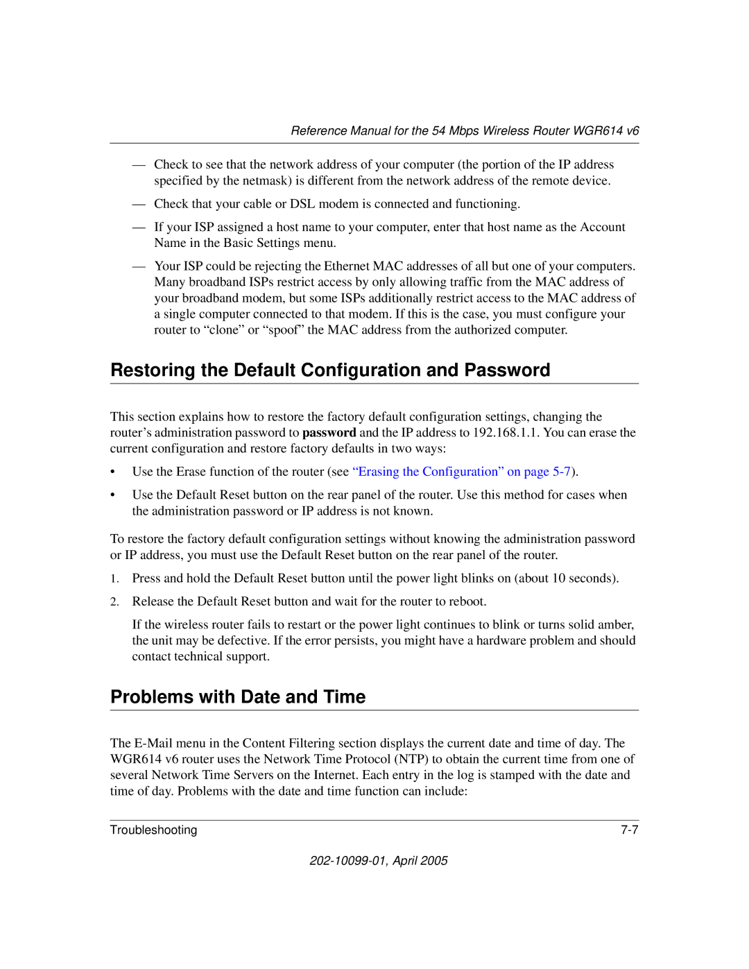 NETGEAR WGR614 v6 manual Restoring the Default Configuration and Password, Problems with Date and Time 