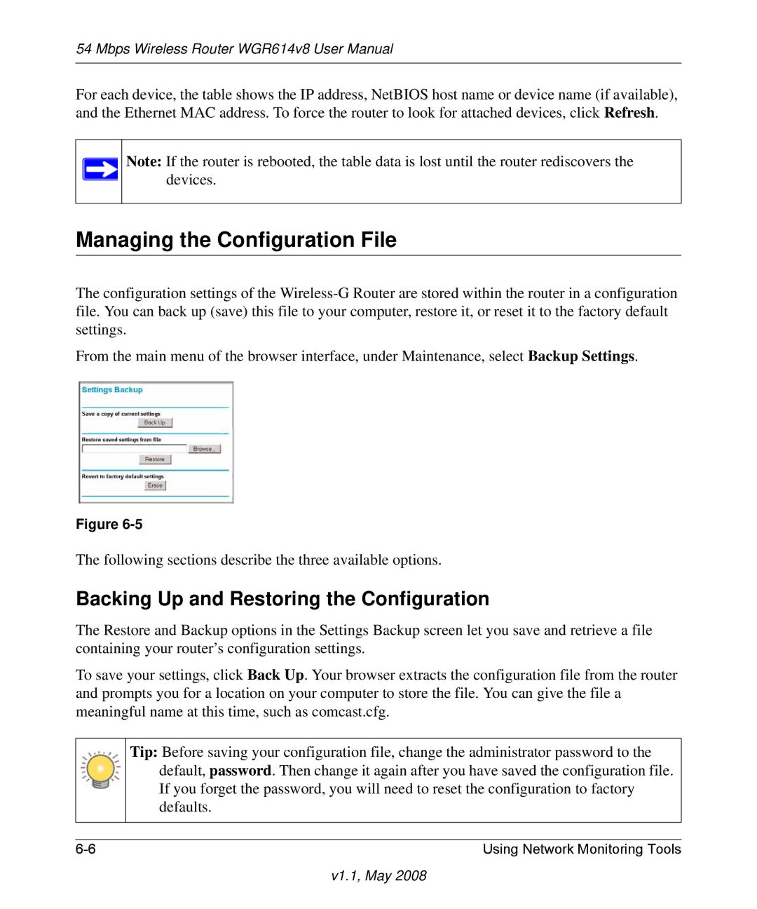 NETGEAR WGR614 v8 manual Managing the Configuration File, Backing Up and Restoring the Configuration 