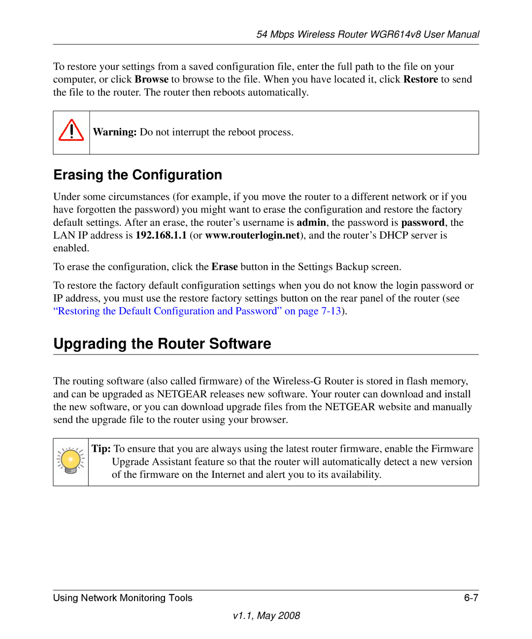 NETGEAR WGR614 v8 manual Upgrading the Router Software, Erasing the Configuration 