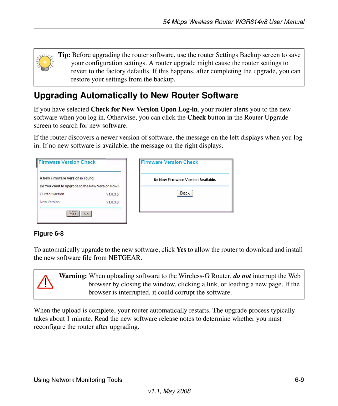 NETGEAR WGR614 v8 manual Upgrading Automatically to New Router Software 