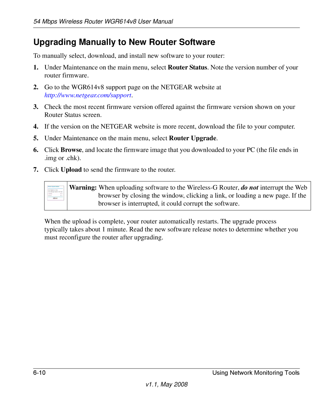 NETGEAR WGR614 v8 manual Upgrading Manually to New Router Software 