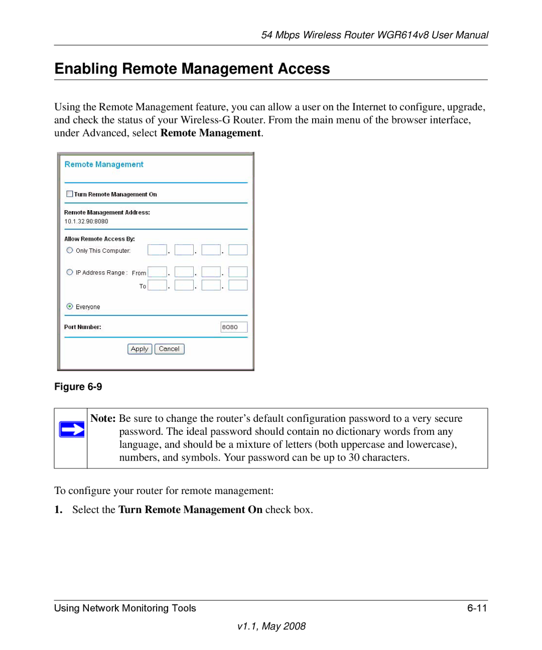 NETGEAR WGR614 v8 manual Enabling Remote Management Access, Select the Turn Remote Management On check box 