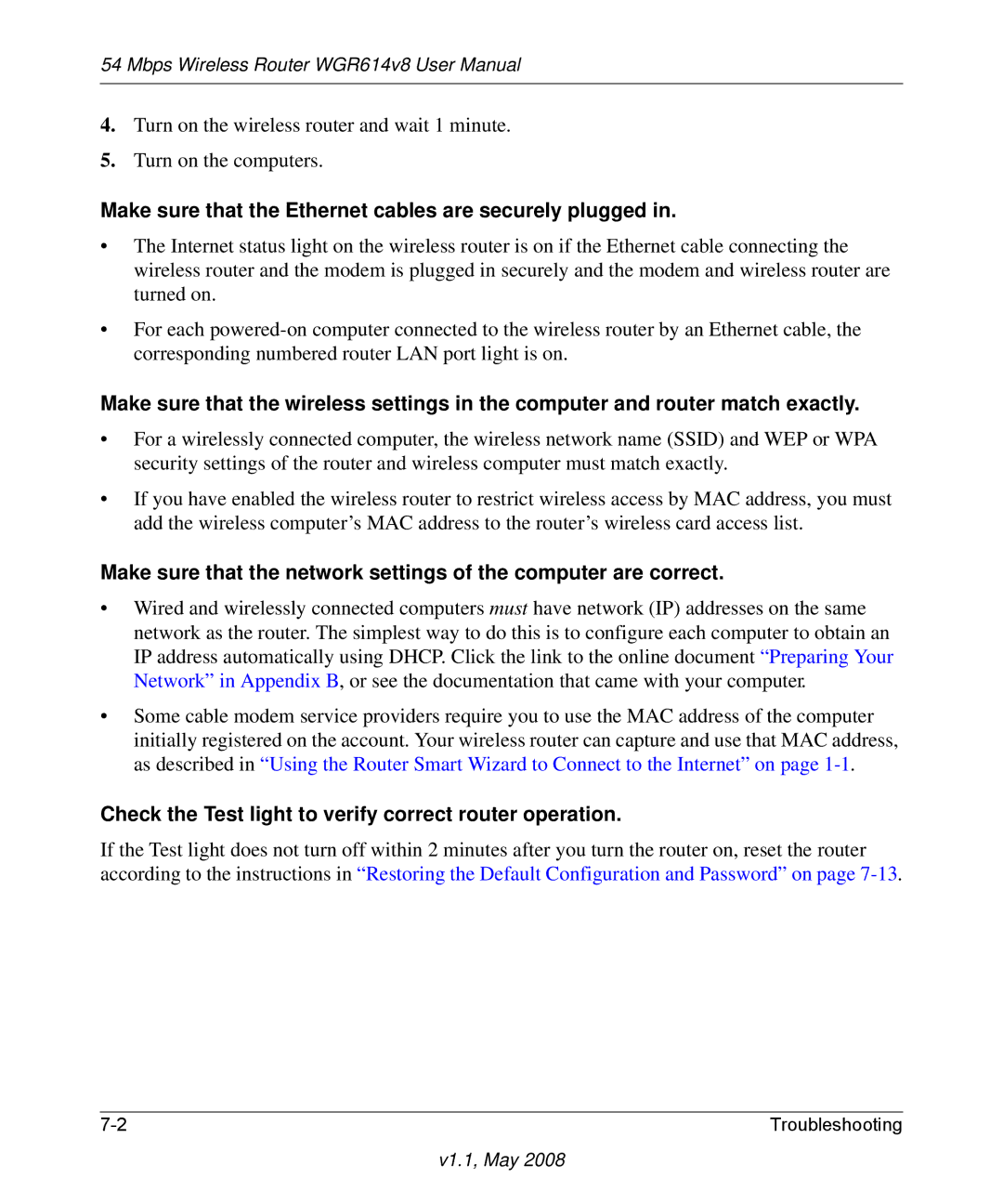 NETGEAR WGR614 v8 manual Make sure that the Ethernet cables are securely plugged 