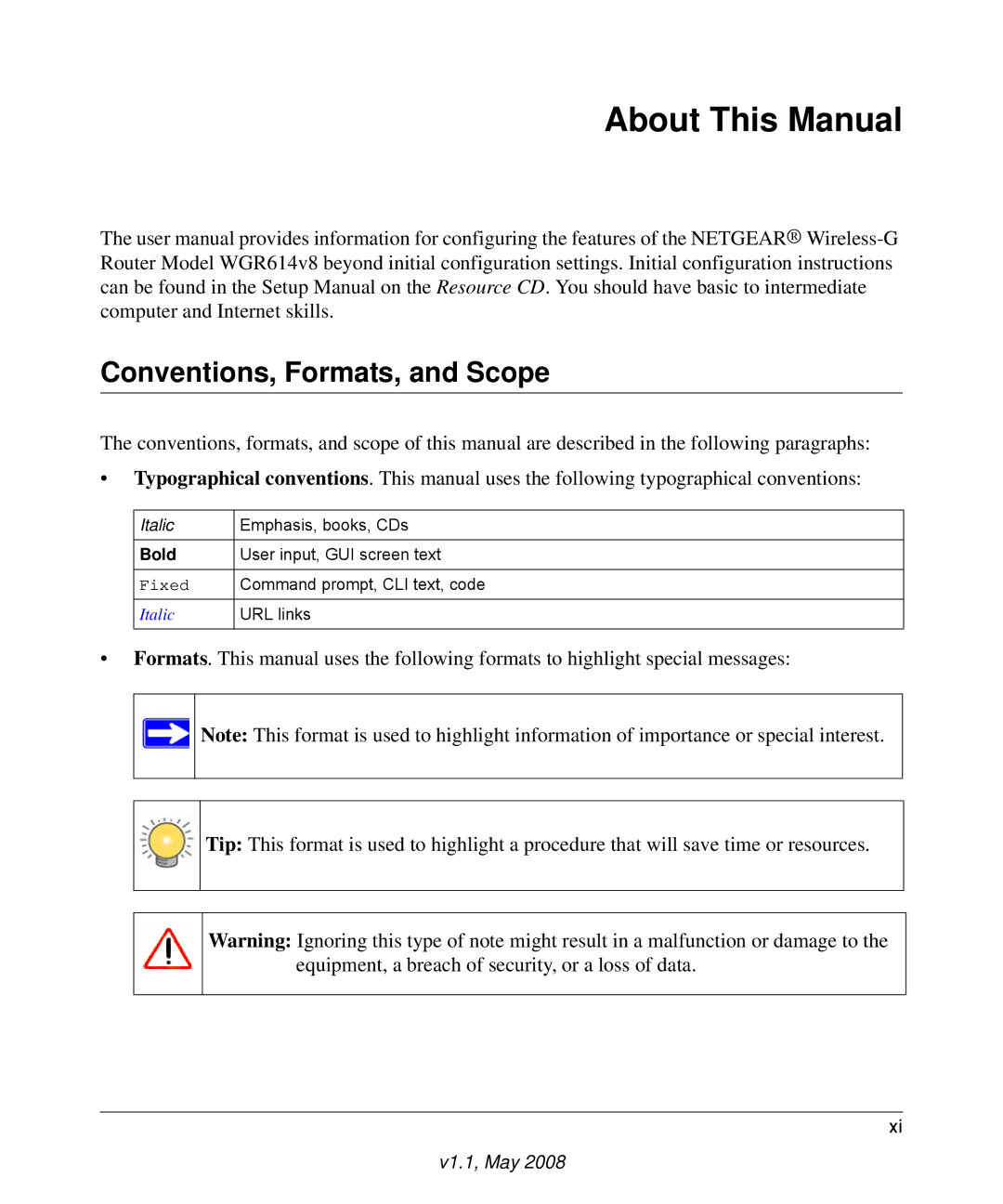 NETGEAR WGR614 v8 manual About This Manual, Conventions, Formats, and Scope 