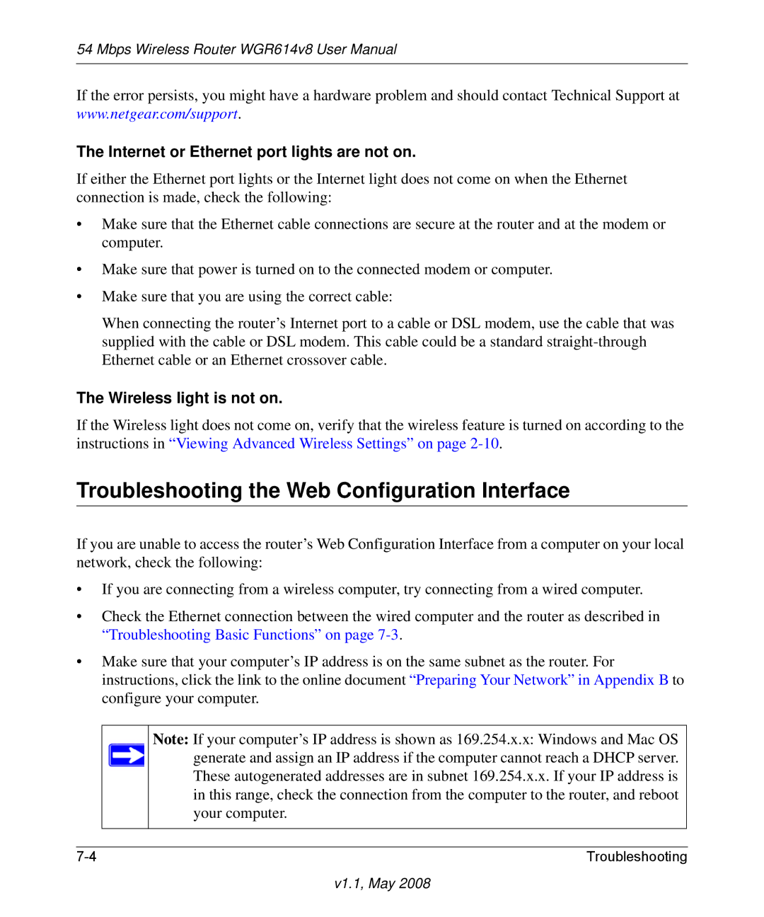 NETGEAR WGR614 v8 manual Troubleshooting the Web Configuration Interface, Internet or Ethernet port lights are not on 