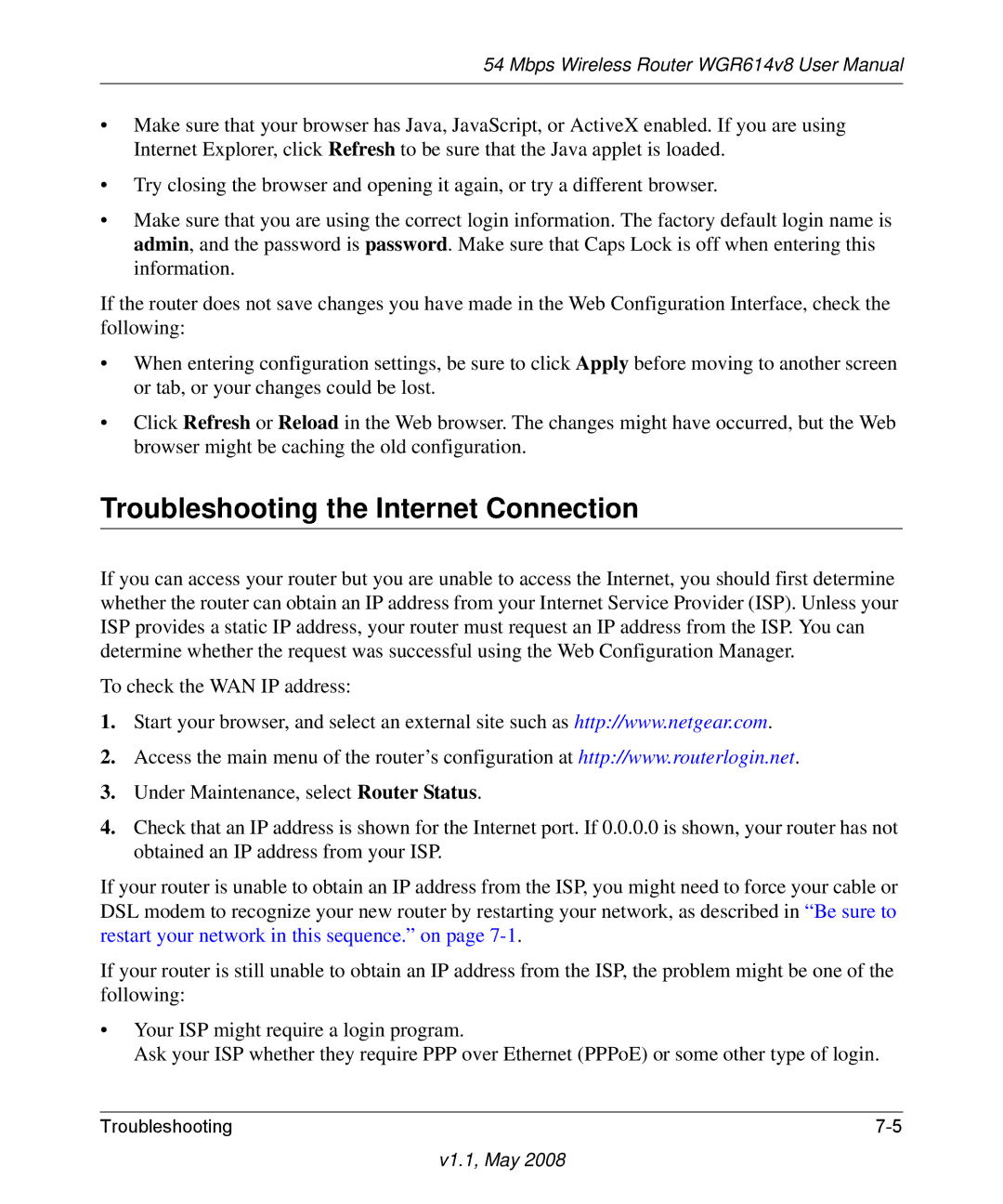 NETGEAR WGR614 v8 manual Troubleshooting the Internet Connection 