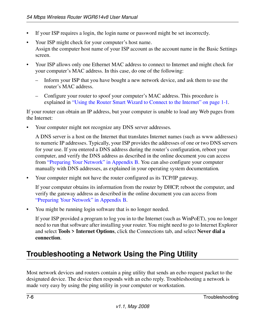 NETGEAR WGR614 v8 manual Troubleshooting a Network Using the Ping Utility 