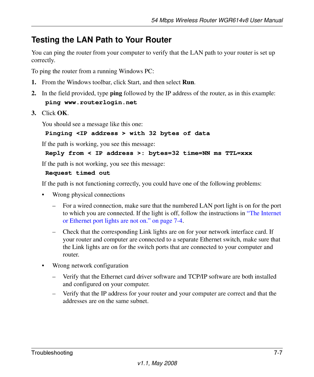 NETGEAR WGR614 v8 manual Testing the LAN Path to Your Router, Request timed out 