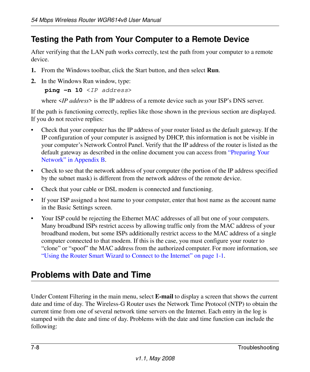 NETGEAR WGR614 v8 manual Problems with Date and Time, Testing the Path from Your Computer to a Remote Device 