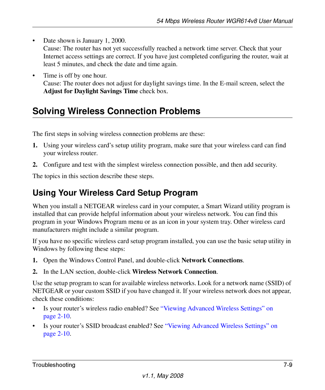 NETGEAR WGR614 v8 manual Solving Wireless Connection Problems, Using Your Wireless Card Setup Program 